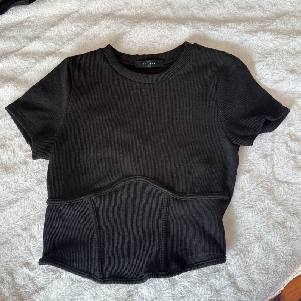 Zara Black Ribbed Short Sleeve Top